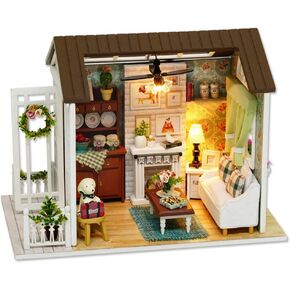 DIY Cottage Kit,Tiny House Pet Shop with Furniture & LED,Mini House Building Kit,3D Wooden Craft Mini Model Kit Home Decor with Dust Proof Cover
