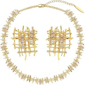 Gold Chunky Chain Necklace and Gold Braided Stud Earrings Handmade Trendy Jewelry for Women