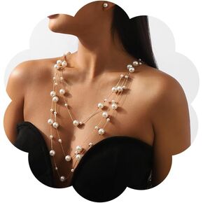 Long Pearl Necklaces Three-Strand Long Chains Pearl Beads Necklaces Earrings Set Dainty Multiple Strands Long Necklace With Pearl Earrings for Wedding Party