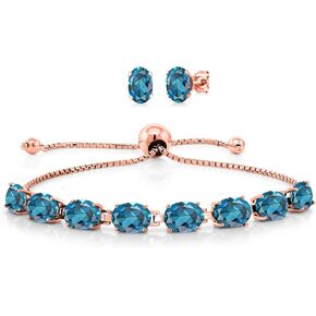 Gem Stone King 18K Rose Gold Plated Silver London Blue Topaz Bracelet and Earrings Jewelry Set For Women (10.00 Cttw, Gemstone November Birthstone, Oval 7X5MM, Fully Adjustable Up to 9 Inch)