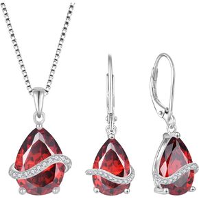 Teardrop Jewelry Set for Women 925 Sterling Silver Garnet Necklace Dangle Drop Leverback Earrings January Birthstone Jewelry Gifts for Her