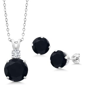 Gem Stone King 925 Sterling Silver Black Onyx and White Lab Grown Diamond Pendant and Earrings Jewelry Set For Women (5.73 Cttw, Round 10MM, Gemstone December Birthstone, with 18 Inch Silver Chain)