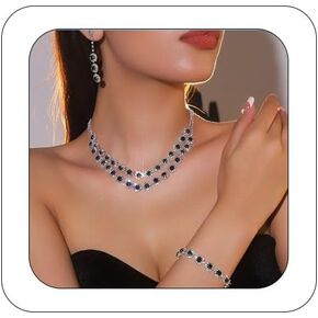 Crystal Statement Choker Necklace Earrings Bracelet Set Silver Rhinestone Necklace Earrings Sets Formal Costume Jewelry Bridal Wedding Jewelry Set for Women