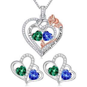Iefil Double Birthstone Necklace and Double Birthstone Heart Earrings Set