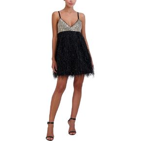 BCBGMAXAZRIA Women's Sleeveless V Neck Sequin Feathered a Line Mini Dress