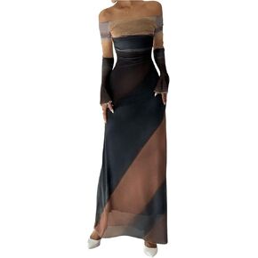 GORGLITTER Women's Tie Dye Ruched Bodycon Dress Off Shoulder Flare Sleeve Mesh Long Dresses