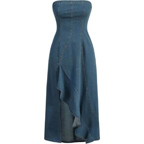 MakeMeChic Women's High Split Tube Denim Dress Sleeveless Ruffle Trim Midi A Line Dress