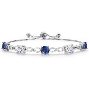 Gem Stone King Blue Created Sapphire and White Moissanite Tennis Bracelet For Women | 4.66 Cttw | Gemstone September Birthstone | Round 6MM | Fully Adjustable Up to 9 Inch