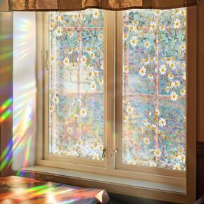 Runtoo Window Privacy Film Rainbow White Boho Daisy Flowers Window Clings 3D Decorative Window Vinyl Stained Glass Window Decals Static Cling Window Sticker Non-Adhesive, 15.75 x 40 inches