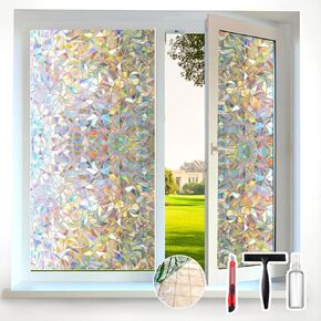 Rainbow Window Privacy Film Decorative, 3D Decals Stained Glass Window Clings for Room Decor, Static Cling Window Sticker, Suncatcher Window Cover, 17.5 Inch by 78.74 Inch