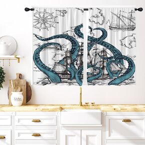 Coxila Octopus Kitchen Window Curtains 27.5 x 39 Inch Small Short Mini Cafe Rod Pocket Kraken Nautical Pirate Ocean Cool for Living Bedroom Room Home Treatment Set of 2 Curtain Panels Drapes Tiers