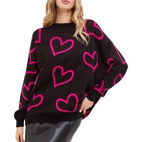 KNEYATTA Valentine’s Day Sweaters Heart Print Sweater Women Love Heart Sweatshirt Graphic Knit Pullover Tops