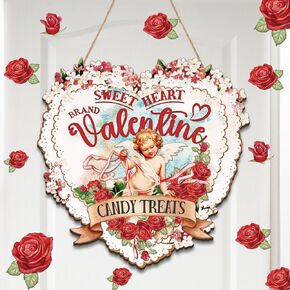 Yerliker Valentine's Day Door Sign Wooden Heart Hanging Wreaths Sign Front Door Decor Red Heart Welcome Door Hanger Decoration for Valentine's Day Wedding Living Room Wall Decor (Porch)