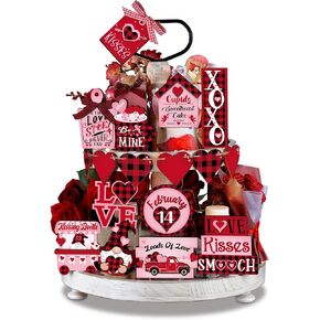 Ferraycle 20 Pcs Valentine's Day Tiered Tray Decorations Set Farmhouse Plaid Gnome Heart Wooden Table Sign Tabletop Rustic Tiered Tray Decorations for Valentine Kitchen Home Decor