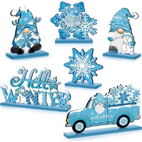 Capoda 6 Packs Hello Winter Wooden Table Sign Snowflake Wooden Table Centerpieces Sign Winter Gnome Wooden Table Decor Winter Truck Rustic Farmhouse Centerpieces for Home Kitchen Party Photo Props