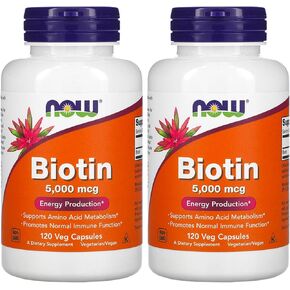 NOW Biotin 5,000 mcg - 120 VCaps (Pack of 2 Bottles)