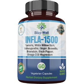 Infla-1500 All-Natural Relief Supplement Extract Blend with Turmeric, White Willow Bark, Ashwagandha, Ginger, Boswellia, Bromelain, Omega-3 and Magnesium-60ct