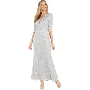 Long Corded Sequin Dress with 3/4 Sleeve V Neckline and Set in Waistline