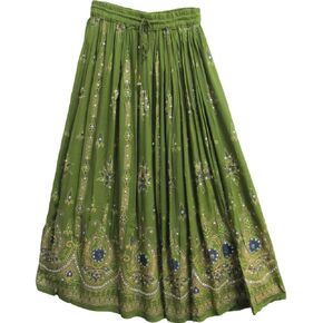 Women's Tie Dye Yoga Trend Sequined Crinkle Broomstick Gypsy Long Skirt, Mahndi Color, 36 INCHES