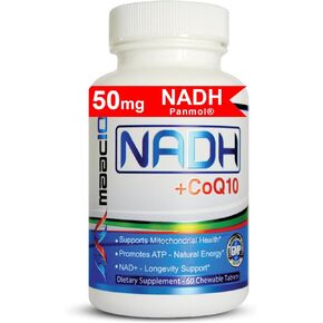 MAAC10 NADH + CoQ10 Supplement | Great Tasting Chewable Tablets | 50mg PANMOL® NADH + 100mg CoQ10 | for Fatigue, Energy and Mental Focus | NAD+ Supplement (60 Tablets 2 per Serving).