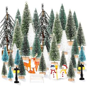 ONESING 30 Pcs Christmas Village Accessories Bottle Brush Trees Bench Pathway Light Miniature Christmas Village Sets for Home Indoor Village Holiday Christmas Party Decorations