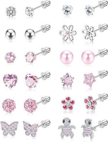 LOYALLOOK 12 Pairs Hypoallergenic Screwback Earrings for Women 316L Stainless Steel Cute Ball Heart CZ Screw Back Earring Studs Multicolored Star Flower Butterfly Turtle Stud Earrings Set 20G in Saudi Arabia