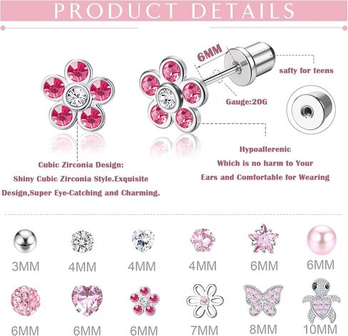 LOYALLOOK 12 Pairs Hypoallergenic Screwback Earrings for Women 316L Stainless Steel Cute Ball Heart CZ Screw Back Earring Studs Multicolored Star Flower Butterfly Turtle Stud Earrings Set 20G in Saudi Arabia