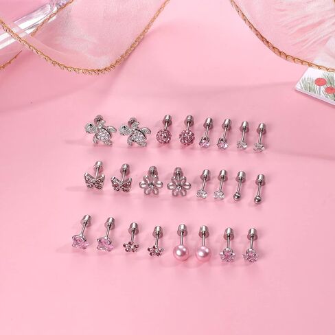 LOYALLOOK 12 Pairs Hypoallergenic Screwback Earrings for Women 316L Stainless Steel Cute Ball Heart CZ Screw Back Earring Studs Multicolored Star Flower Butterfly Turtle Stud Earrings Set 20G in Saudi Arabia