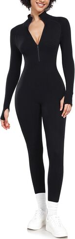 Little Donkey Andy Women's Long Sleeve Ribbed Jumpsuit Zip Up Front Workout Bodycon Romper, Thumbhole in Saudi Arabia