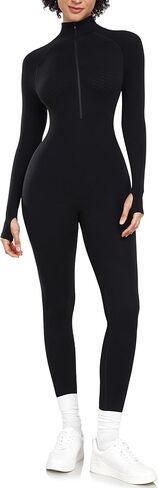 Little Donkey Andy Women's Long Sleeve Ribbed Jumpsuit Zip Up Front Workout Bodycon Romper, Thumbhole in Saudi Arabia