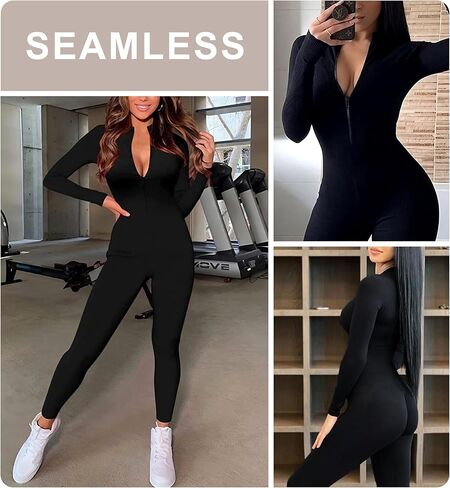 Little Donkey Andy Women's Long Sleeve Ribbed Jumpsuit Zip Up Front Workout Bodycon Romper, Thumbhole in Saudi Arabia