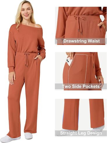 Casei Women's Off The Shoulder Wide Leg Jumpsuit with Long Sleeves and Pockets Dressy Casual Romper for Fall 2024 in Saudi Arabia