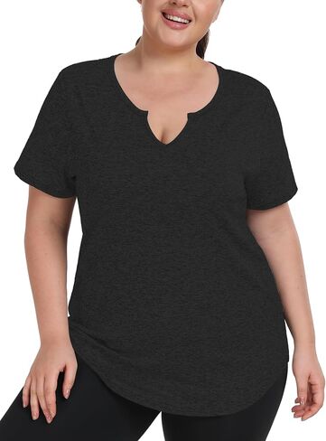 FOREYOND Plus Size Workout Tops for Women Short Sleeves V-Neck Yoga Shirts Loose Fit Athletic Gym Clothing Summer in Kuwait