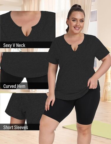 FOREYOND Plus Size Workout Tops for Women Short Sleeves V-Neck Yoga Shirts Loose Fit Athletic Gym Clothing Summer in Kuwait