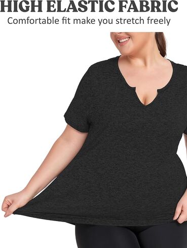 FOREYOND Plus Size Workout Tops for Women Short Sleeves V-Neck Yoga Shirts Loose Fit Athletic Gym Clothing Summer in Kuwait