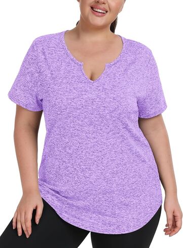 FOREYOND Plus Size Workout Tops for Women Short Sleeves V-Neck Yoga Shirts Loose Fit Athletic Gym Clothing Summer in Kuwait
