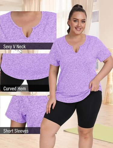 FOREYOND Plus Size Workout Tops for Women Short Sleeves V-Neck Yoga Shirts Loose Fit Athletic Gym Clothing Summer in Kuwait