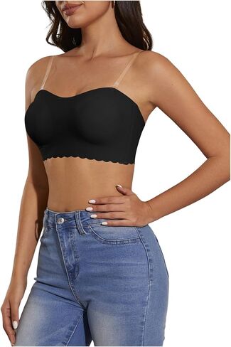 OYOANGLE Women's Scallop Trim Strapless Bandeau Bra Non Slip Padded Wireless Bralettes with Clear Straps in Saudi Arabia