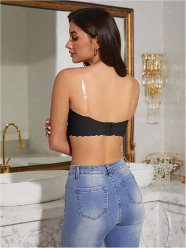 OYOANGLE Women's Scallop Trim Strapless Bandeau Bra Non Slip Padded Wireless Bralettes with Clear Straps in Saudi Arabia