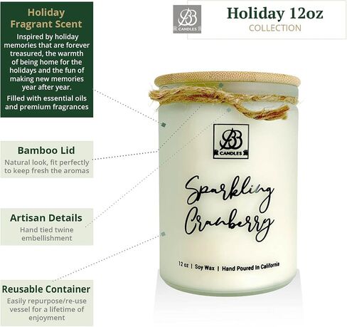 Winter & Fall Collection - Natural Soy Hand Poured Fragrant Candles, Frosted Jars with Bamboo Lid, Ideal for Home Decor & Relaxation, 90+ Hours Burn Time, 12oz (Sparkling Cranberry) in Saudi Arabia