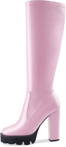 Oh Mispares Women’s Block High Heeled Knee-High Boots Zip Up Tall Boots for Women Round Toe Thick Sole Comfortable Fall Winter Booties with Chunky Heel in Kuwait