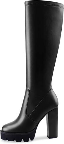 Oh Mispares Women’s Block High Heeled Knee-High Boots Zip Up Tall Boots for Women Round Toe Thick Sole Comfortable Fall Winter Booties with Chunky Heel in Kuwait
