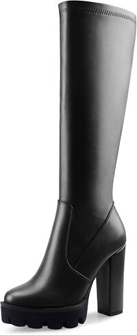 Oh Mispares Women’s Block High Heeled Knee-High Boots Zip Up Tall Boots for Women Round Toe Thick Sole Comfortable Fall Winter Booties with Chunky Heel in Kuwait