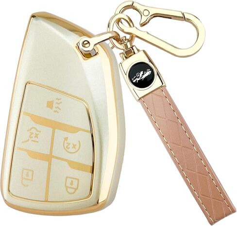 for Chevy Key Fob Cover with Keychain, Soft TPU Full Protection Car Key Case Compatible with Chevy 2021 2022 2023 2024 2025 Tahoe Sierra Suburban GMC Yukon Denali Silverado, 5 Buttons, Gold in Kuwait