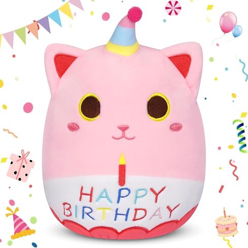 Black Cat Plush, 8 inch Happy Birthday Cat Stuffed Animal with Cake, Cute Plush Kitten Birthday Gift for Girls, Boys and Cats, Home Room Decoration in Kuwait
