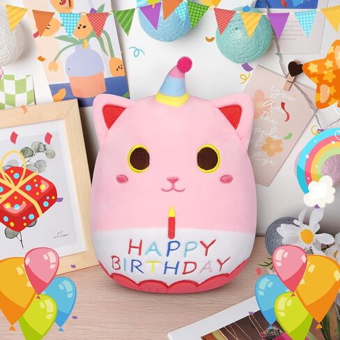 Black Cat Plush, 8 inch Happy Birthday Cat Stuffed Animal with Cake, Cute Plush Kitten Birthday Gift for Girls, Boys and Cats, Home Room Decoration in Kuwait