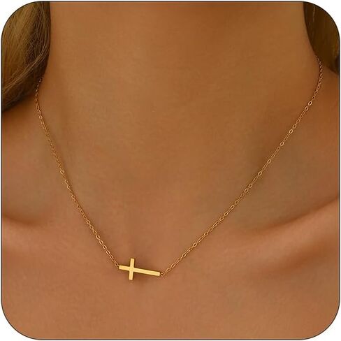 Cross Necklace for Women 18K Gold Plated Dainty Tiny Sideways Cross Choker Necklace Adjustable Stainless Steel Trendy Faith Jewelry in Kuwait