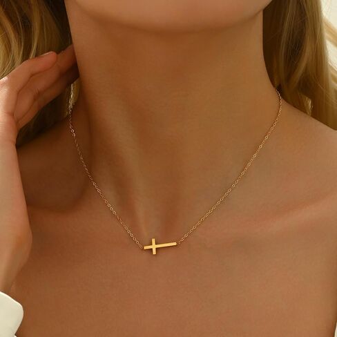 Cross Necklace for Women 18K Gold Plated Dainty Tiny Sideways Cross Choker Necklace Adjustable Stainless Steel Trendy Faith Jewelry in Kuwait
