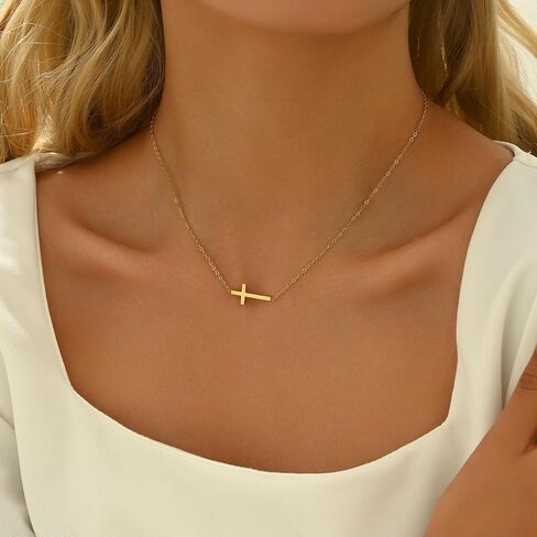 Cross Necklace for Women 18K Gold Plated Dainty Tiny Sideways Cross Choker Necklace Adjustable Stainless Steel Trendy Faith Jewelry in Kuwait