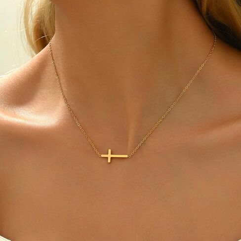 Cross Necklace for Women 18K Gold Plated Dainty Tiny Sideways Cross Choker Necklace Adjustable Stainless Steel Trendy Faith Jewelry in Kuwait